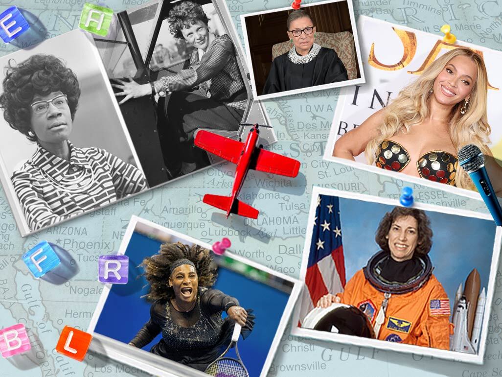 A collage of several history-making American women, including (clockwise from left) Shirley Chisholm, Amelia Earhart, Ruth Bader Ginsburg, Ellen Ochoa, and Serena Williams