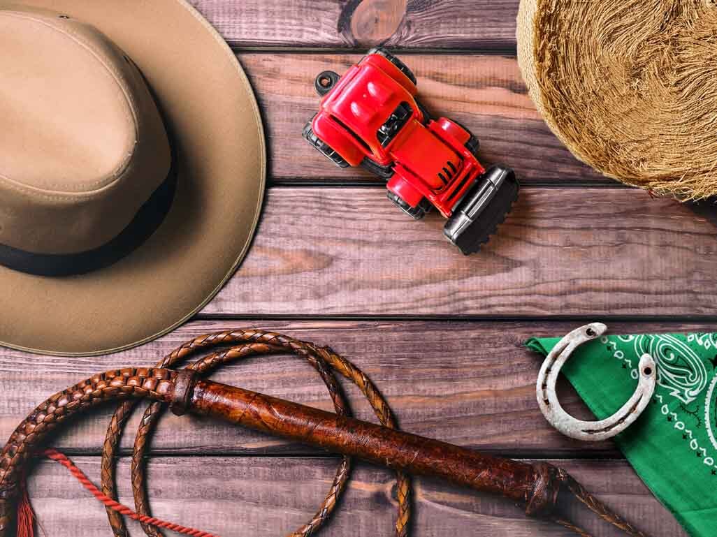 A collage of country-themed items, including a cowboy hat, toy red truck, horse shoes, and a hay bale