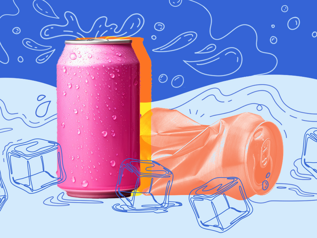 pink and orange soda cans on a blue background with illustrations of ice cubes and liquid splashing