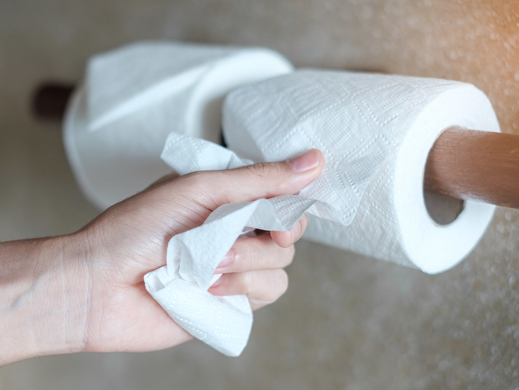 A person pulling some toilet paper from a roll